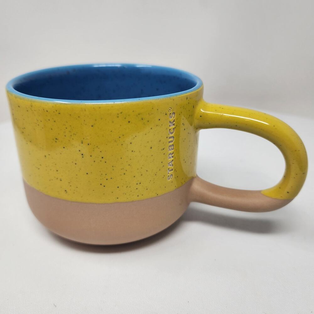 2018 Starbucks Terra Cotta Two-Tone Long Handle Coffee Mug Yellow Blue 12 oz.